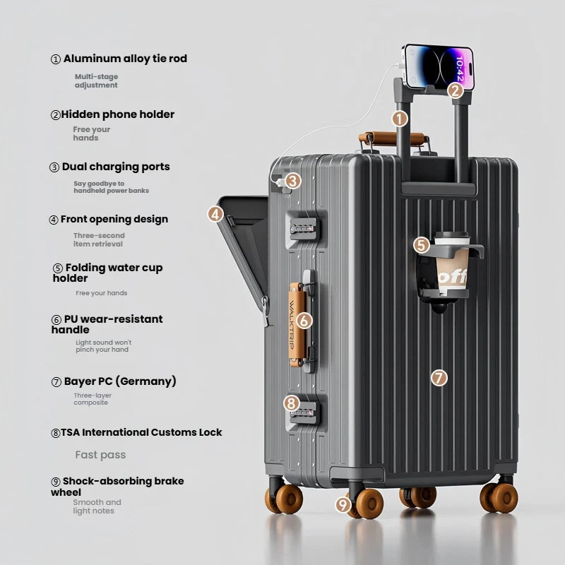 Luxury Aluminum Frame Travel Suitcase with Front Opening, TSA Lock & Universal Wheels