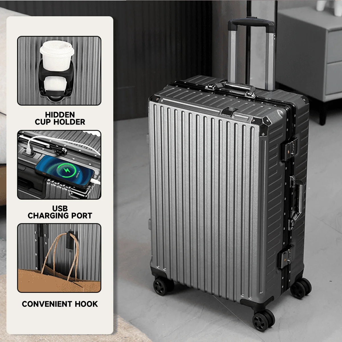 Aluminum Frame Rolling Travel Suitcase with USB Port & Combination Lock