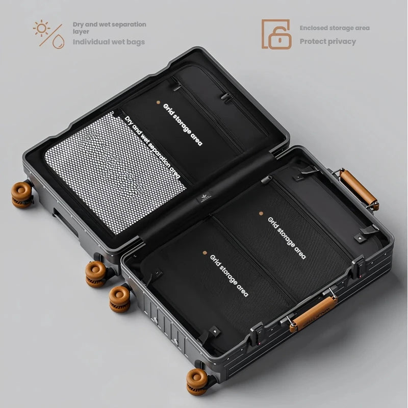 Luxury Aluminum Frame Travel Suitcase with Front Opening, TSA Lock & Universal Wheels